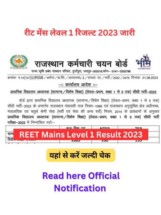 REET Mains Level 1 Result 2023 | Declared Check here